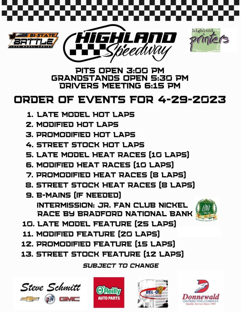 Info and Order of Events 4/29/23 Highland Speedway